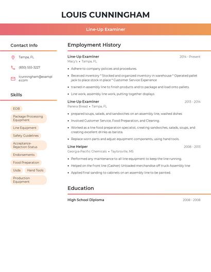 Line-Up Examiner Resume