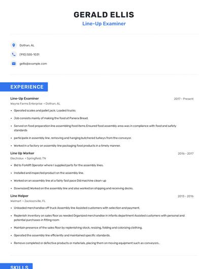 Line-Up Examiner Resume