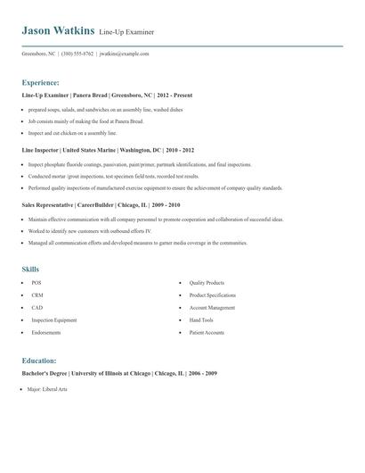 Line-Up Examiner Resume