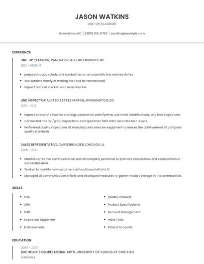 Line-Up Examiner Resume