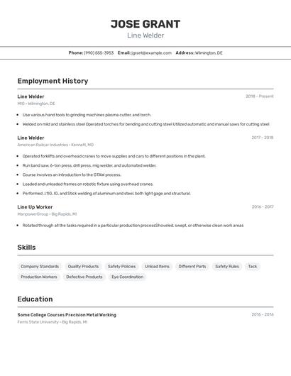 Line Welder Resume