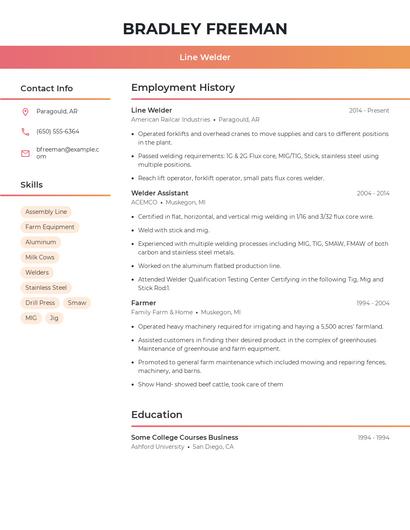 Line Welder Resume