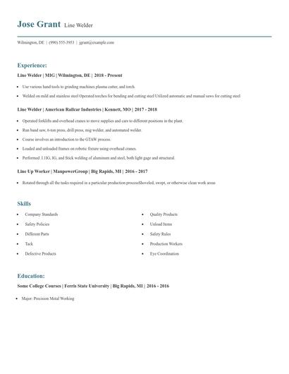 Line Welder Resume