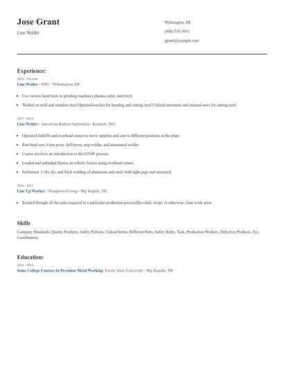 Line Welder Resume
