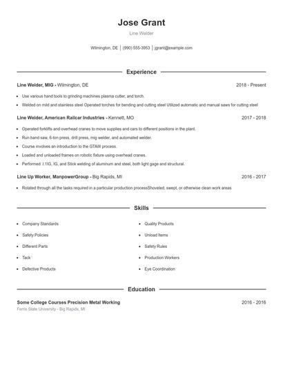 Line Welder Resume