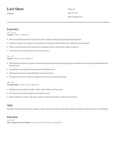 Lineman Resume