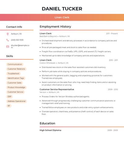 Linen Clerk Resume