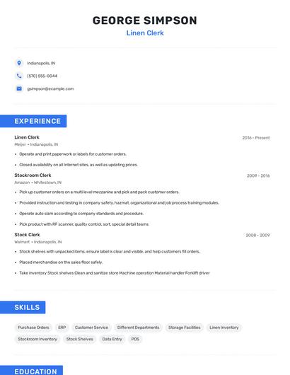 Linen Clerk Resume