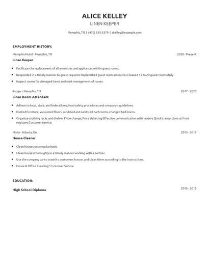 Linen Keeper Resume
