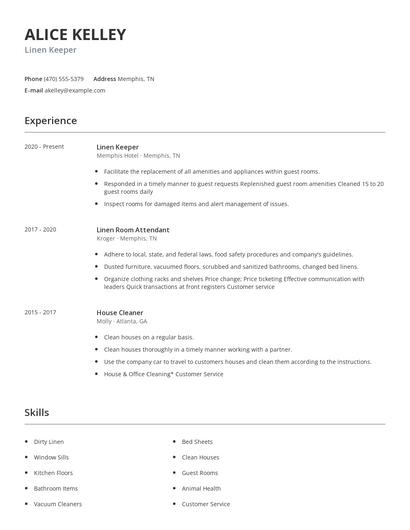 Linen Keeper Resume