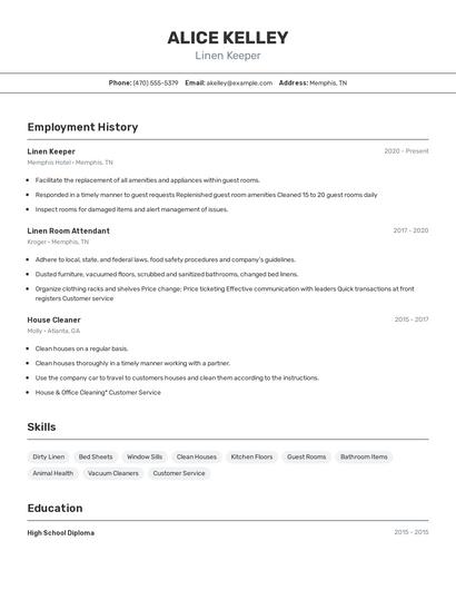 Linen Keeper Resume