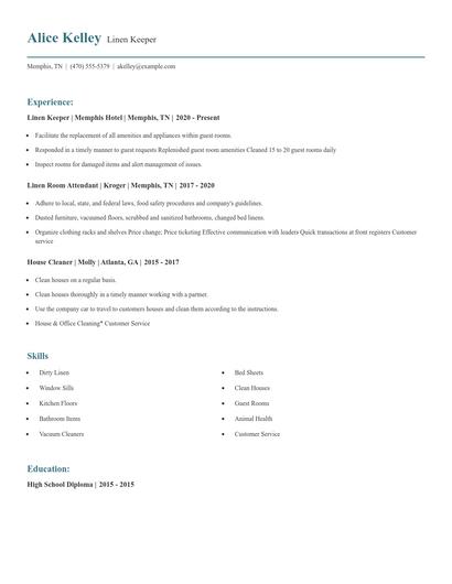 Linen Keeper Resume