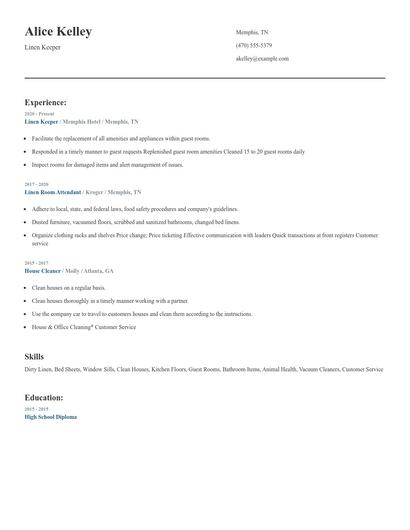 Linen Keeper Resume
