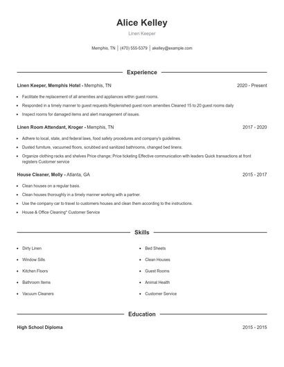 Linen Keeper Resume