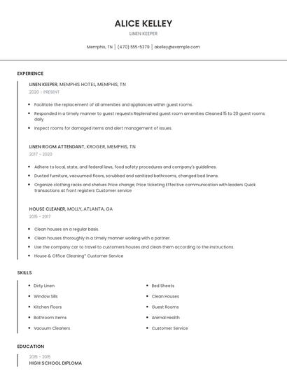 Linen Keeper Resume