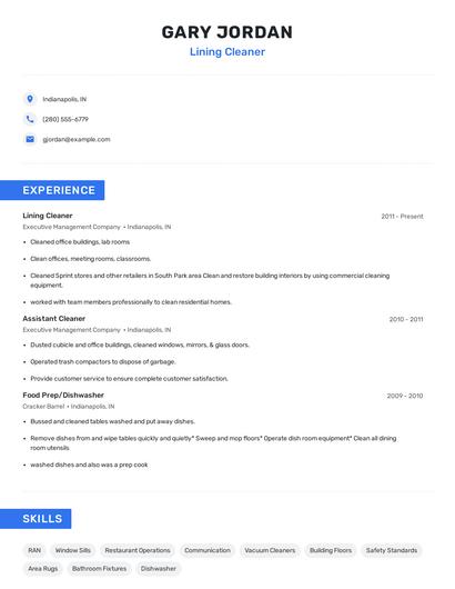 Lining Cleaner Resume
