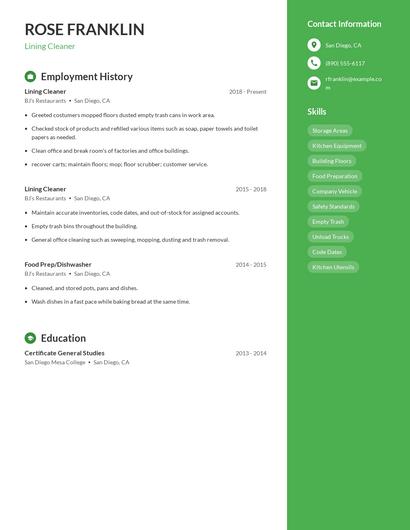 Lining Cleaner Resume