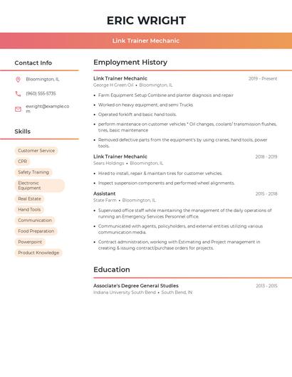 Link Trainer Mechanic Resume