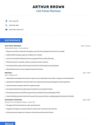 Link Trainer Mechanic Resume