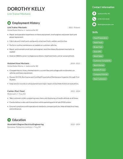 Link Trainer Mechanic Resume