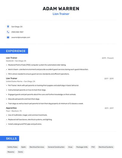 Lion Trainer Resume