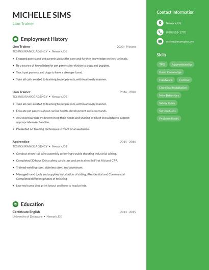 Lion Trainer Resume