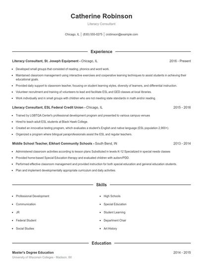 Literacy Consultant Resume