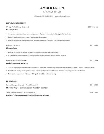 Literacy Tutor Resume