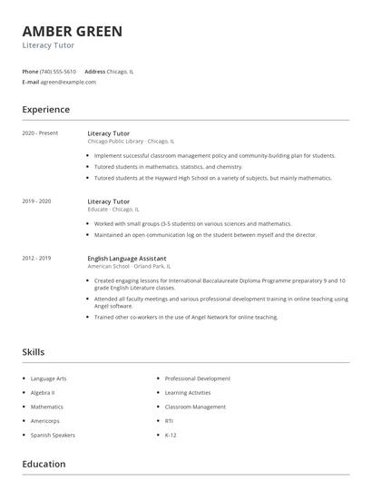 Literacy Tutor Resume