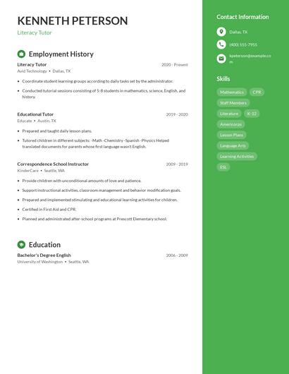 Literacy Tutor Resume