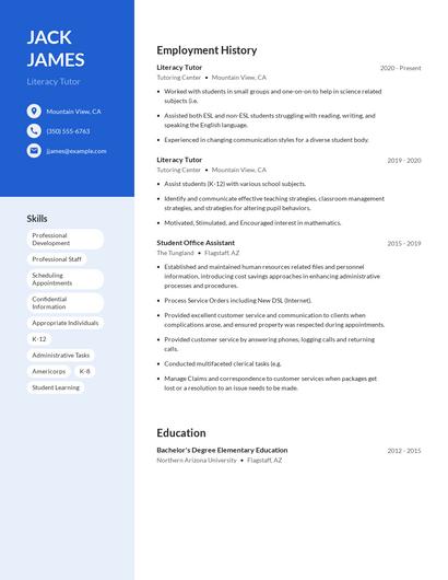Literacy Tutor Resume