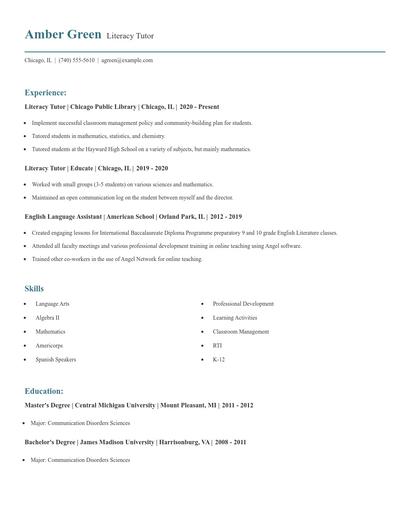 Literacy Tutor Resume