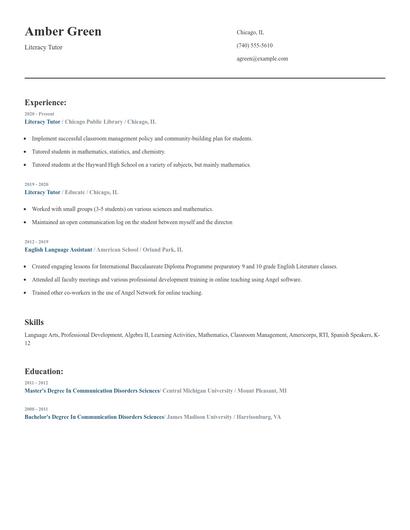 Literacy Tutor Resume