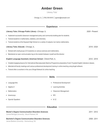 Literacy Tutor Resume