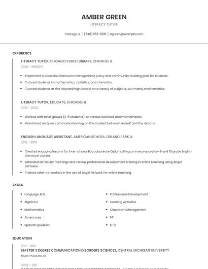 Literacy Tutor Resume