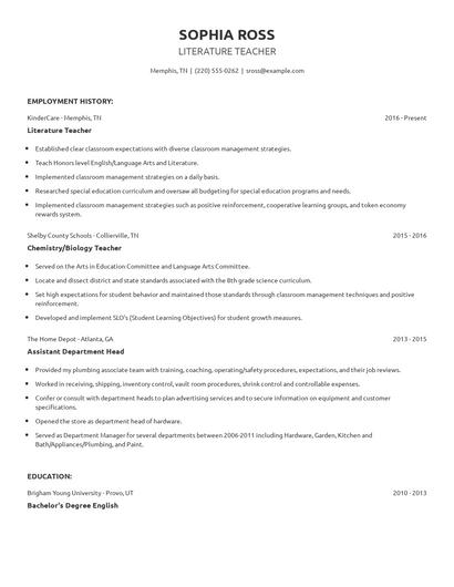 Literature Teacher Resume