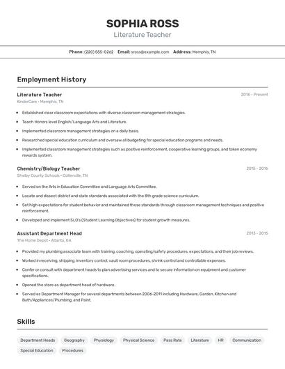 Literature Teacher Resume