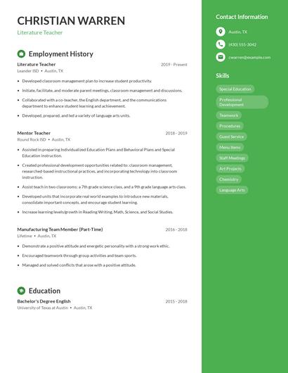 Literature Teacher Resume
