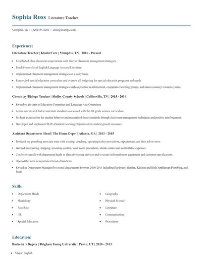 Literature Teacher Resume
