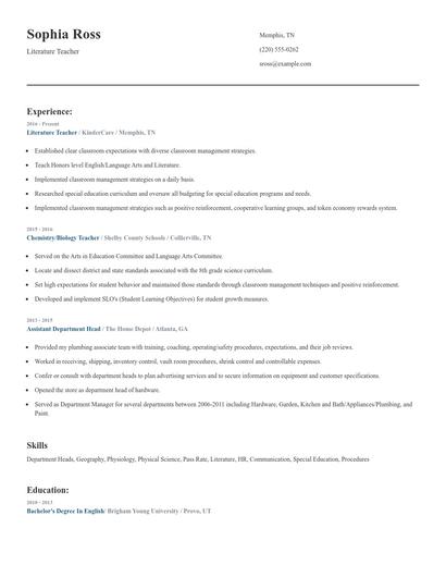Literature Teacher Resume