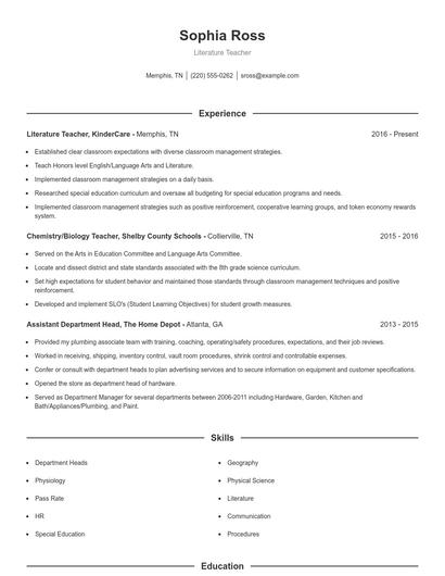 Literature Teacher Resume