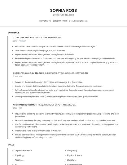 Literature Teacher Resume