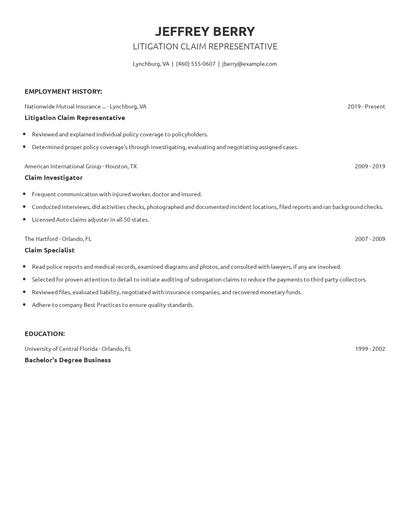 Litigation Claim Representative Resume