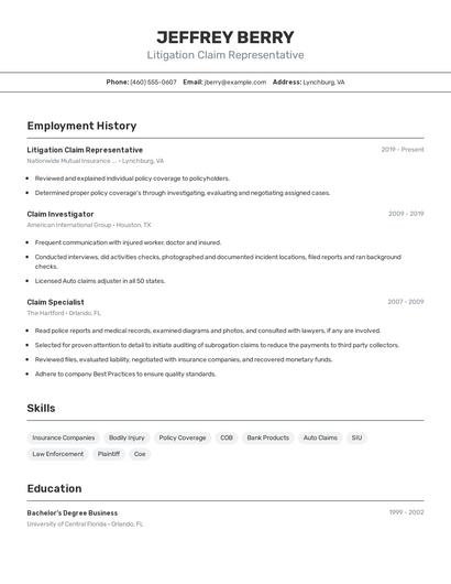 Litigation Claim Representative Resume