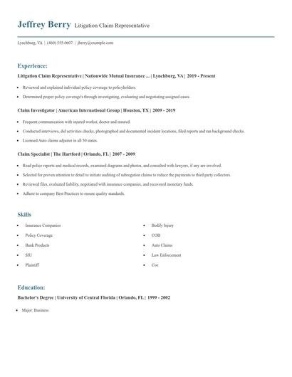 Litigation Claim Representative Resume