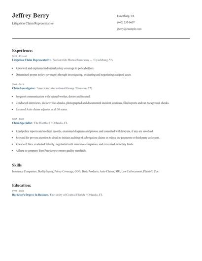 Litigation Claim Representative Resume
