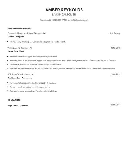 Live In Caregiver Resume