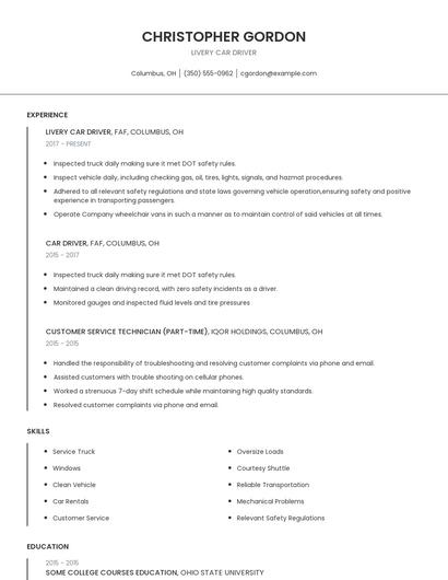 Livery Car Driver Resume