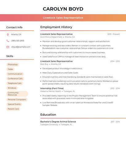 Livestock Sales Representative Resume