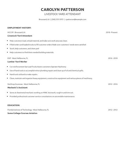 Livestock Yard Attendant Resume